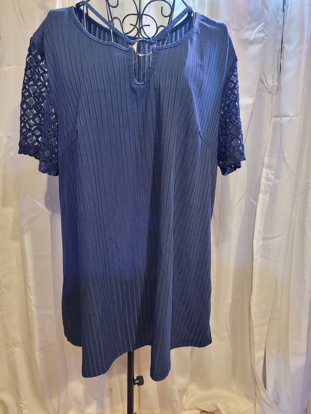 Amazon Navy Ribbed Knit Top with Lace Short Sleeves